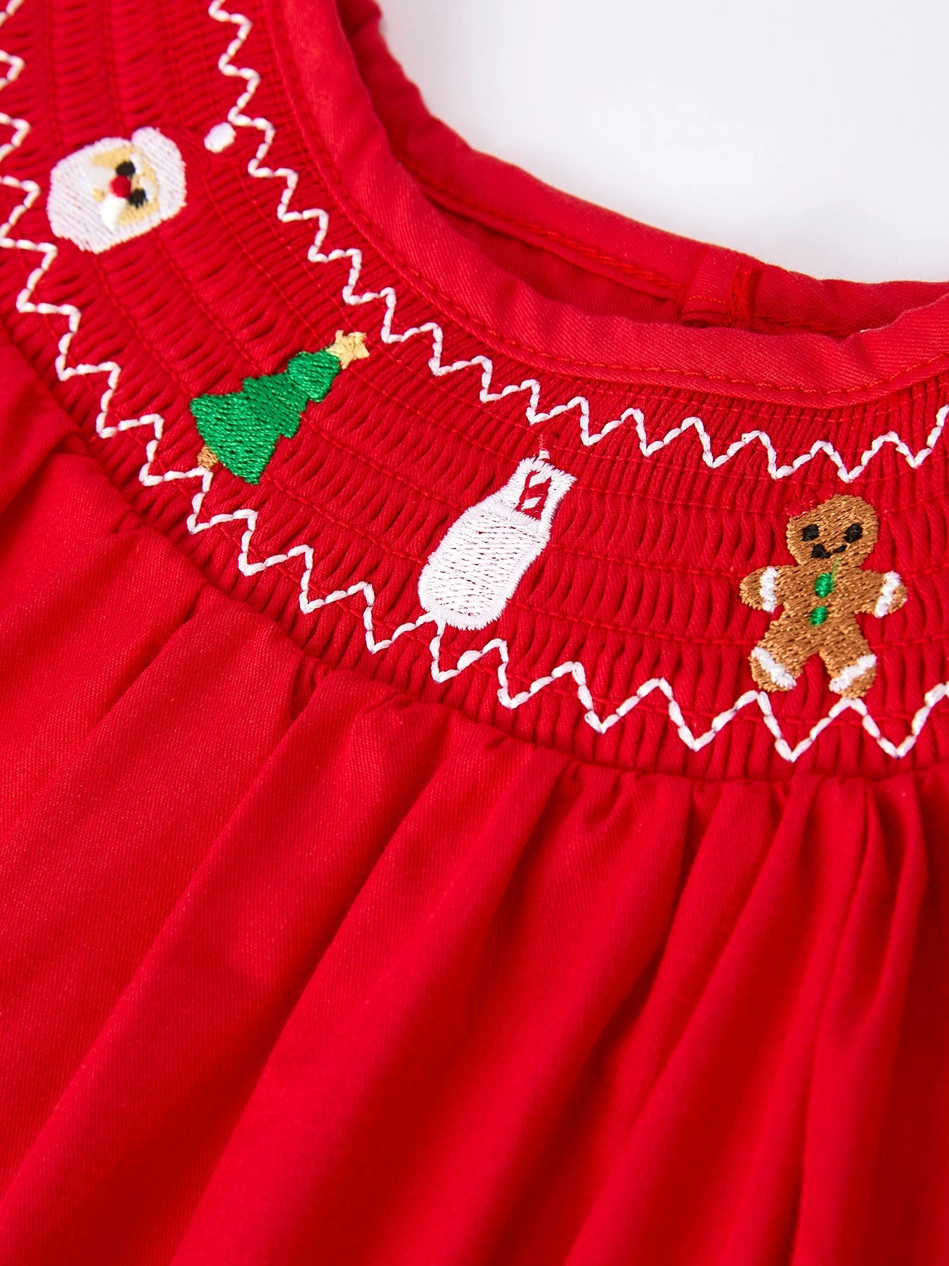 Christmas Gingerbread Embroidery Red Girls Dress with Bow