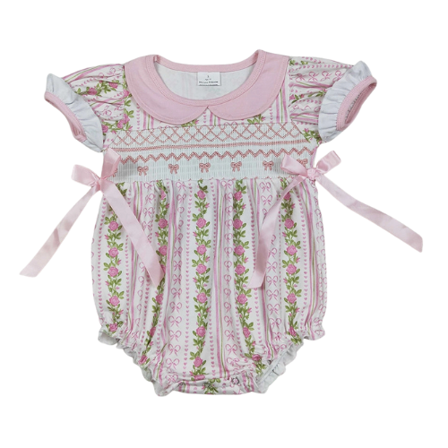 Smocked Embroidery Baby Infant Girls Pink Floral Bows Ruffle Romper