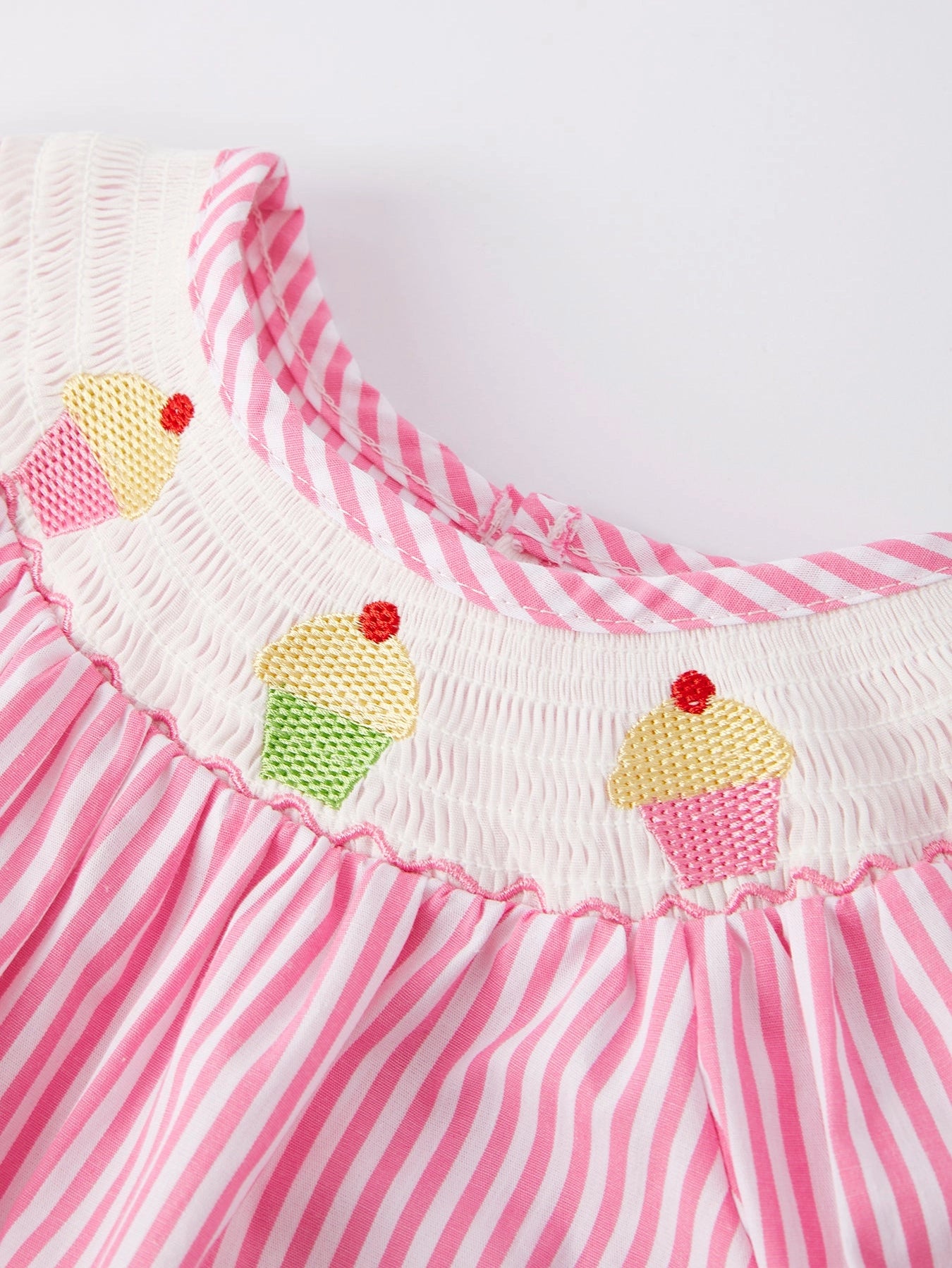 Stripe Cake Smocking Embroidered Pink Romper
