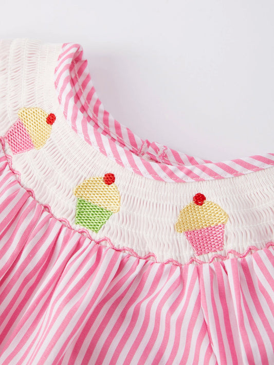 Stripe Cake Smocking Embroidered Pink Romper