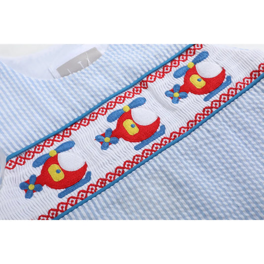 Blue Seersucker Helicopter Smocked Shortalls