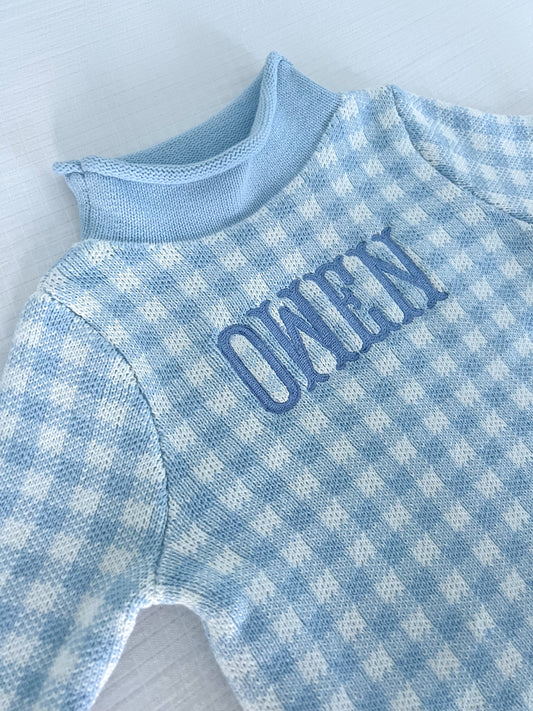 Monogrammed Blue Gingham Embroidered Rollneck Sweater