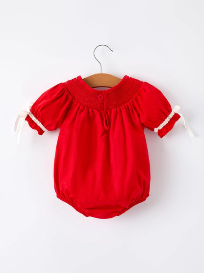 Christmas Gingerbread Embroidery Red Baby Girls Romper with Bow