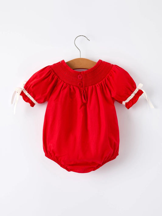 Christmas Gingerbread Embroidery Red Baby Girls Romper with Bow