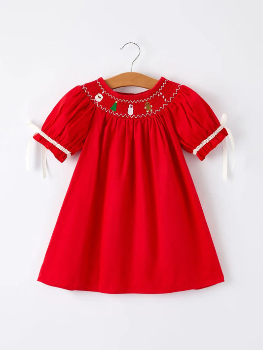 Christmas Gingerbread Embroidery Red Girls Dress with Bow