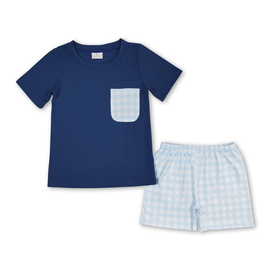 Blue Pocket Top Plaid Shorts Boys Summer Set