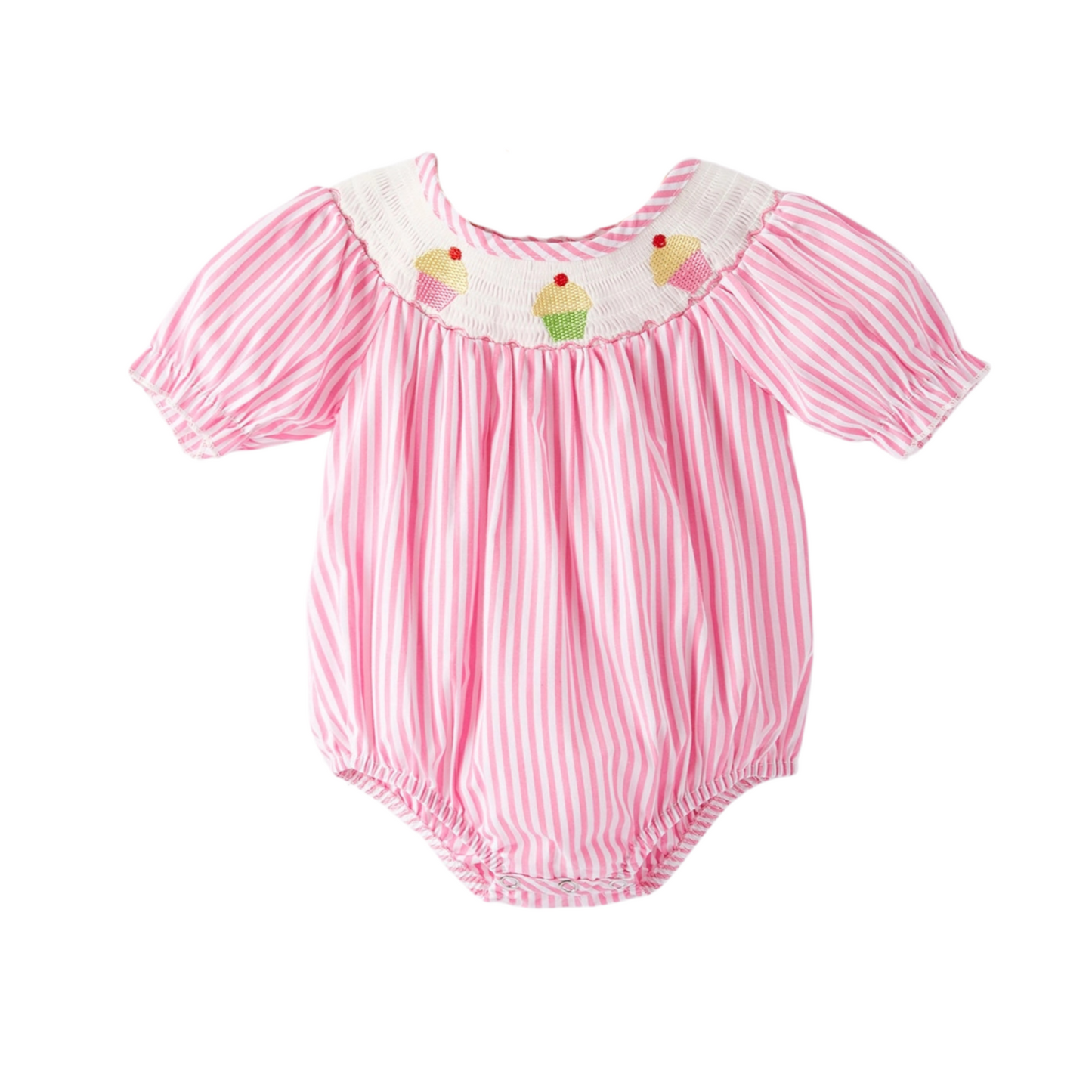 Stripe Cake Smocking Embroidered Pink Romper