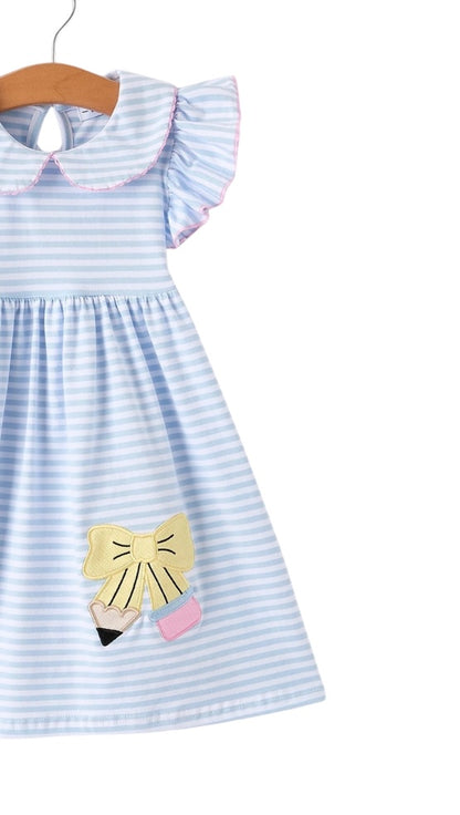 Back To School Girls Plaid Pencil Applique Bow Dress
