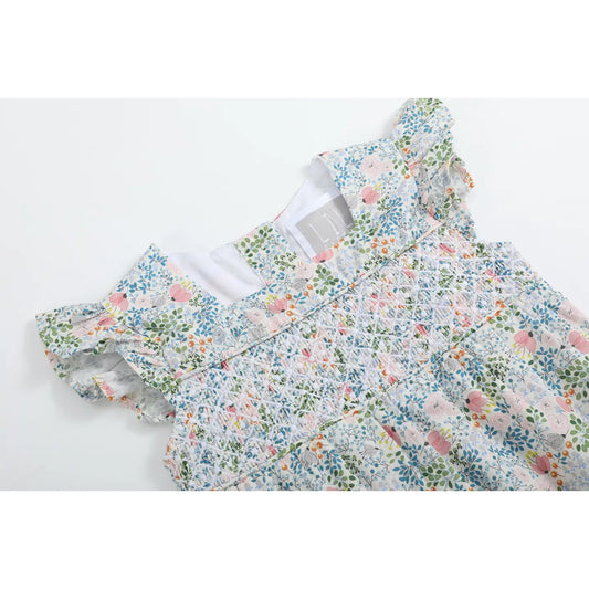 Pink Floral Print Smocked Futter Romper