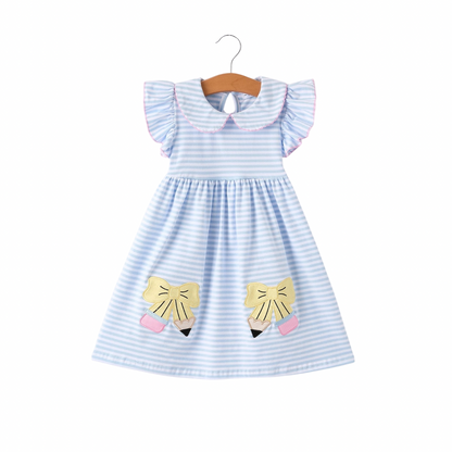 Back To School Girls Plaid Pencil Applique Bow Dress