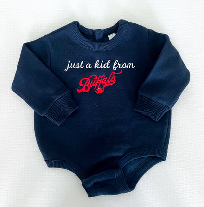 "Just a Kid from BUFFALO' Embroidered Onesie Sweatshirt - Navy