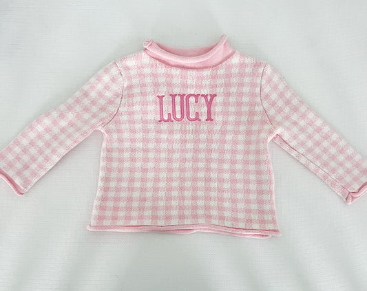 Pink Gingham Embroidered Rollneck Sweater
