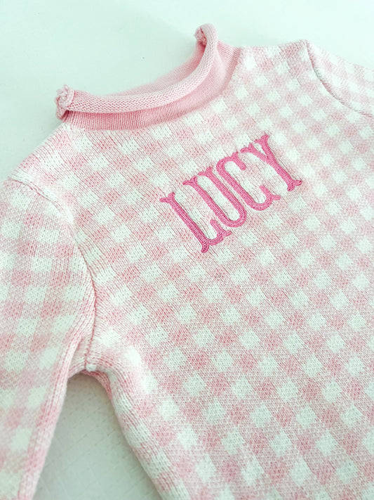 Pink Gingham Embroidered Rollneck Sweater