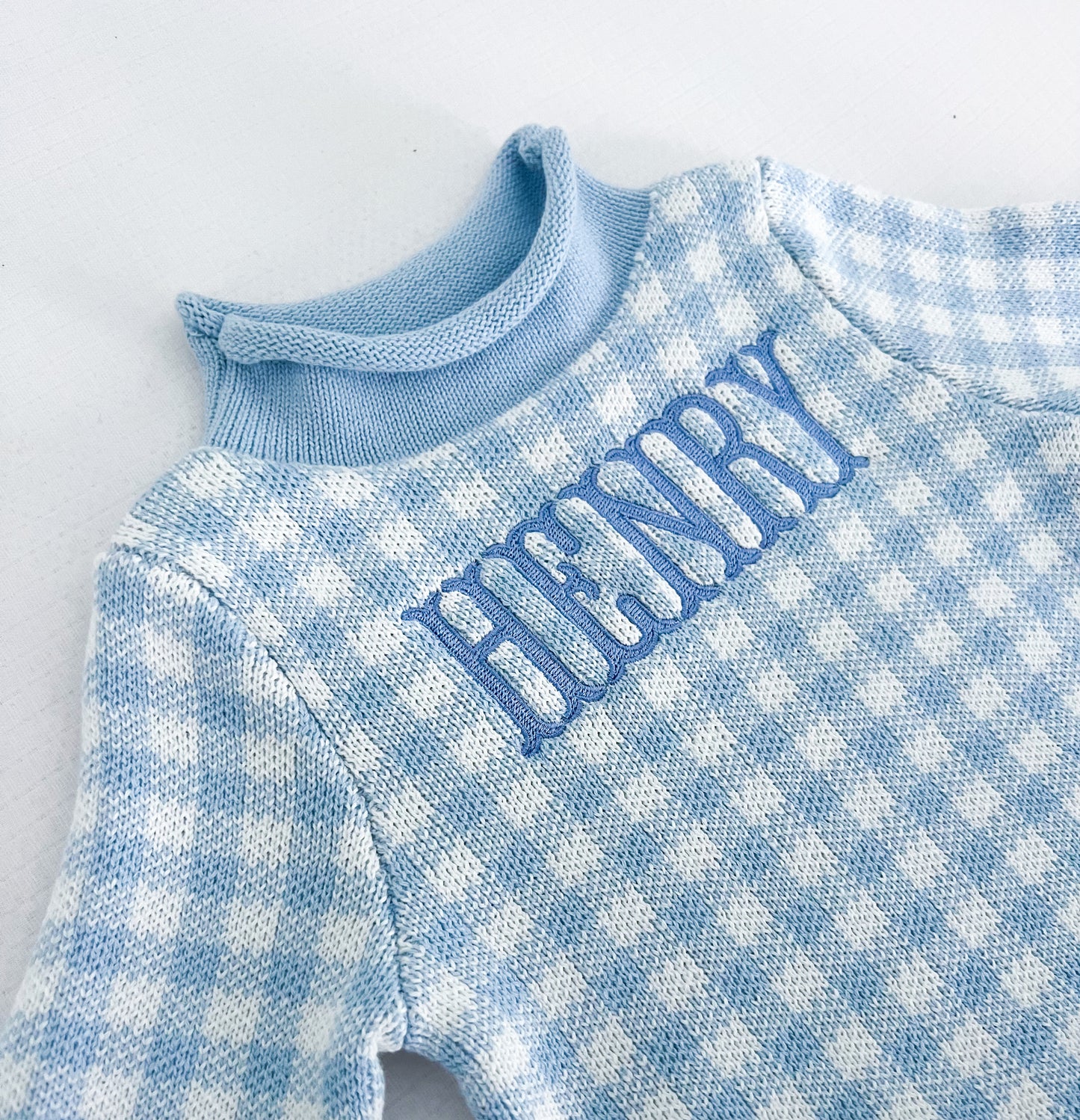 Blue Gingham Embroidered Rollneck Sweater