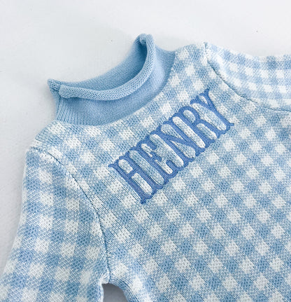Monogrammed Blue Gingham Embroidered Rollneck Sweater