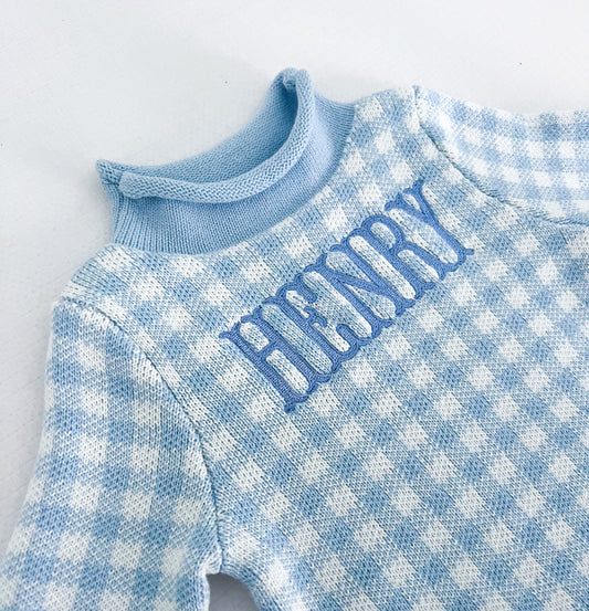 Blue Gingham Embroidered Rollneck Sweater