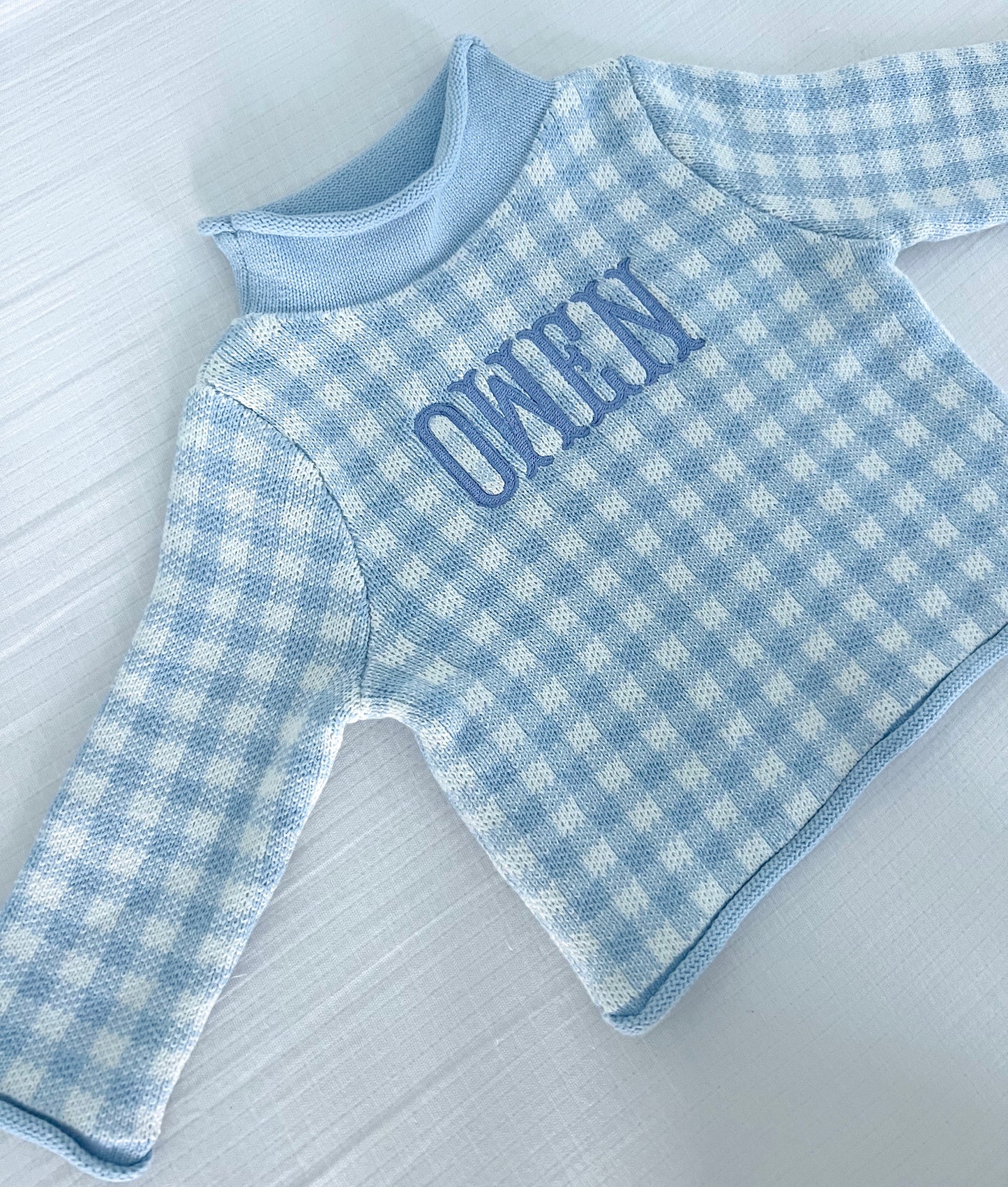 Monogrammed Blue Gingham Embroidered Rollneck Sweater