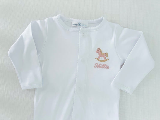 Rocking Horse Monogrammed White Trim Footie
