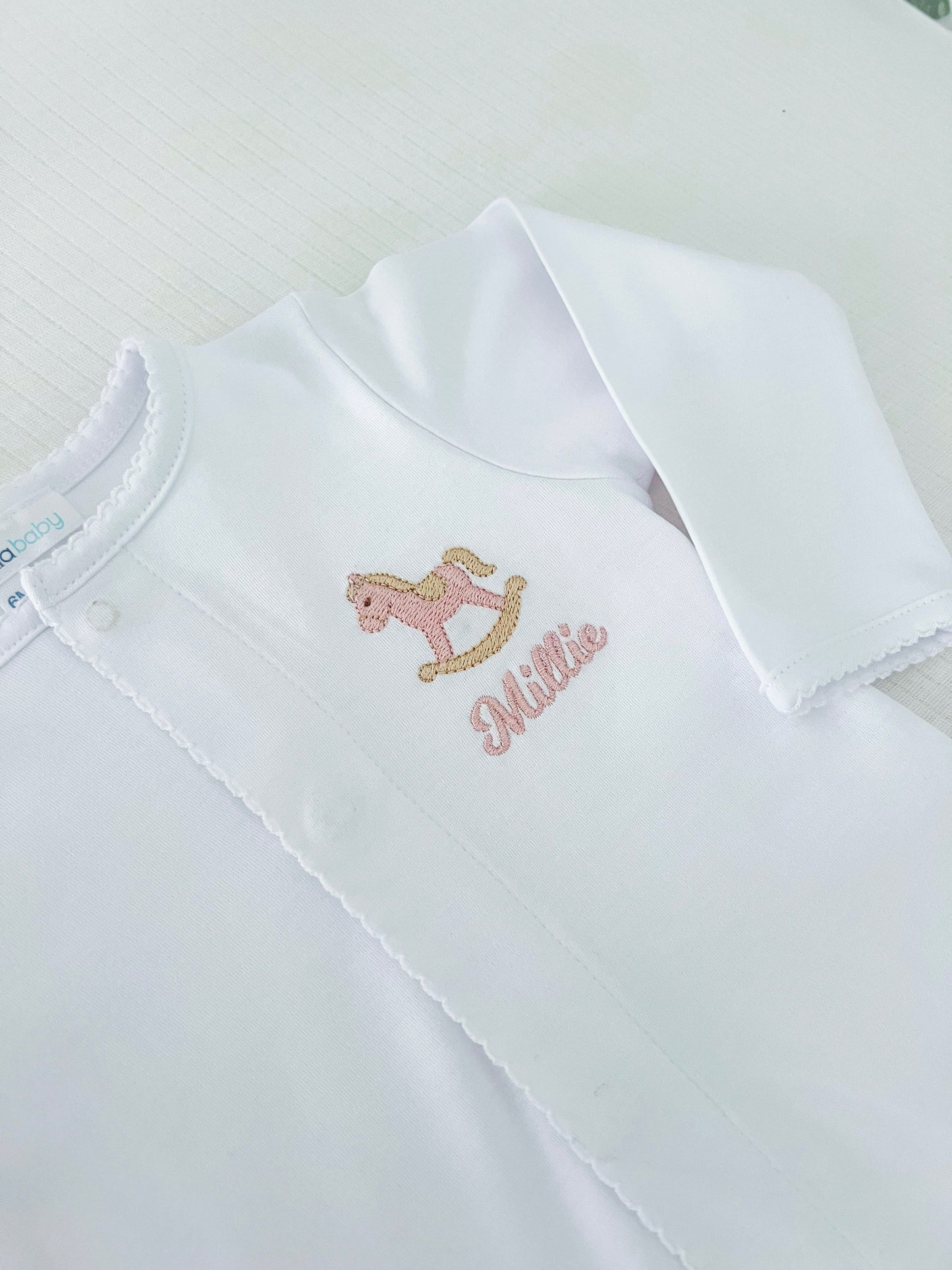 Rocking Horse Monogrammed White Trim Footie