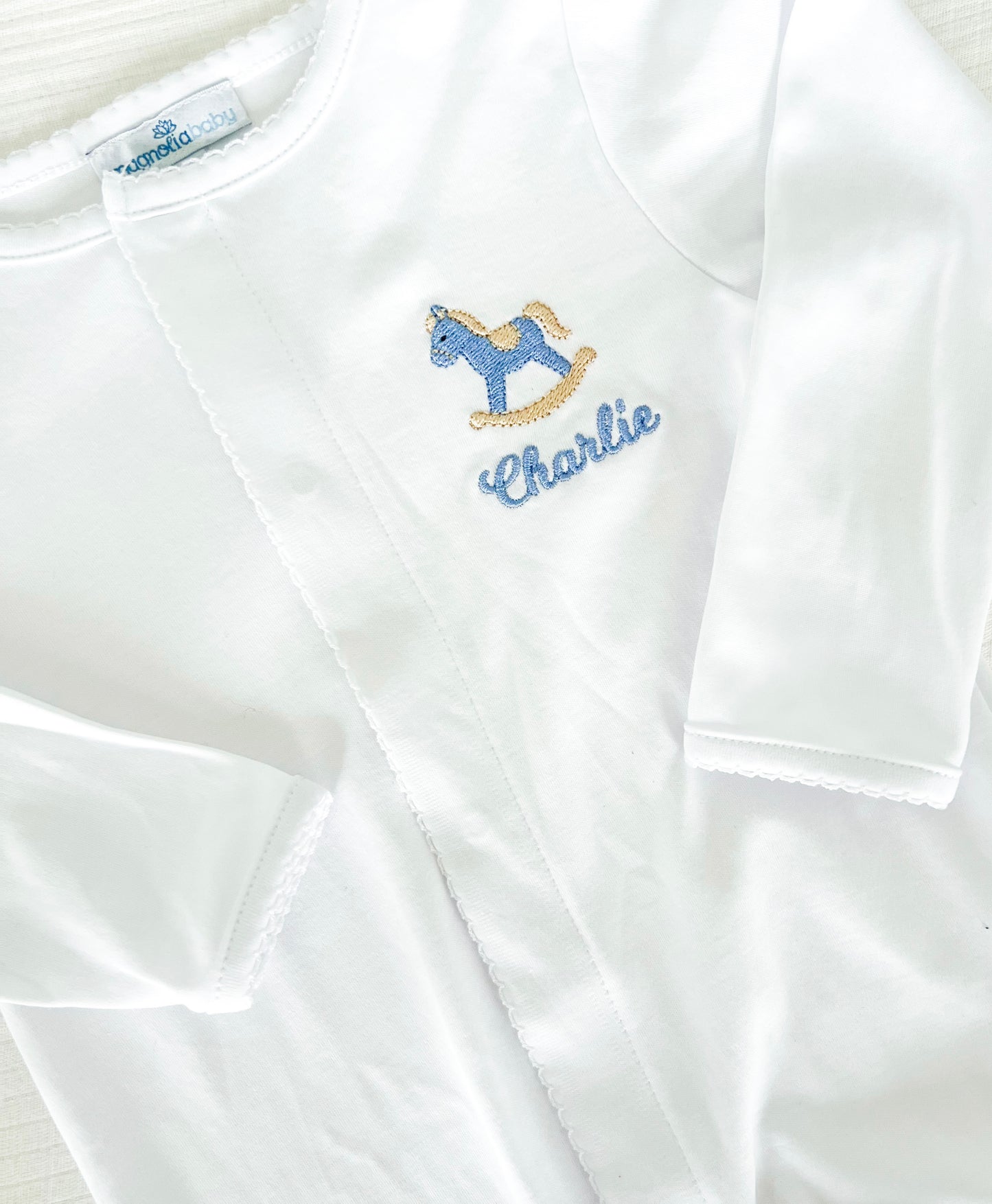 Rocking Horse Monogrammed White Trim Footie