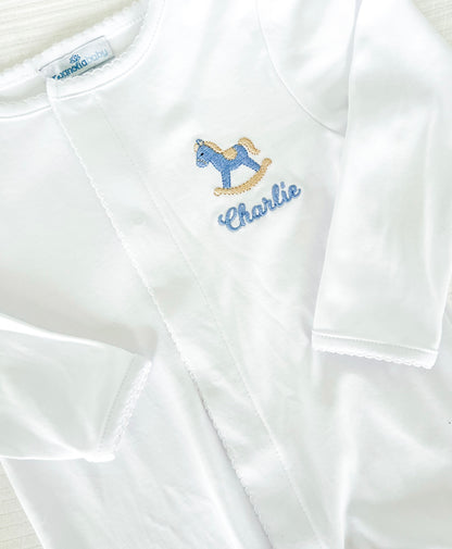 Rocking Horse Monogrammed White Trim Footie