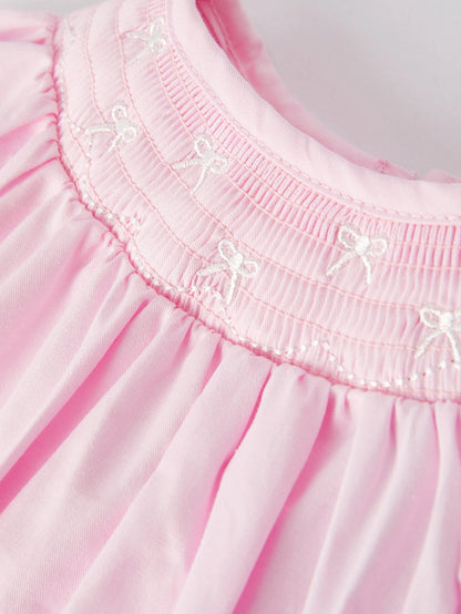White Bow Smock Embroidered Pink Romper