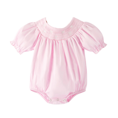 White Bow Smock Embroidered Pink Romper