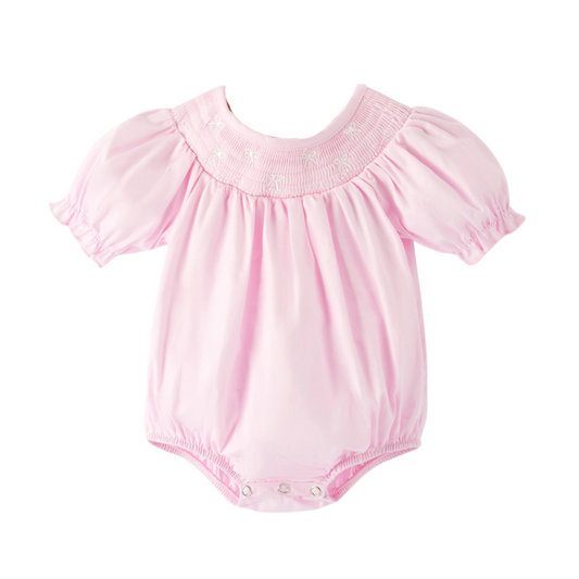 White Bow Smock Embroidered Pink Romper
