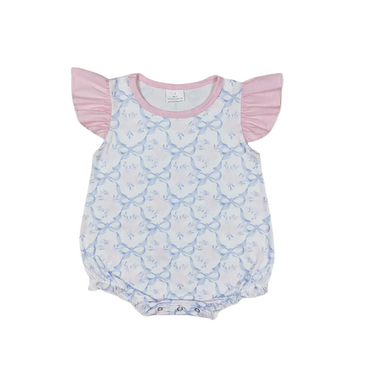Baby Girls Blue Bows Flutter Sleeve Summer Rompers
