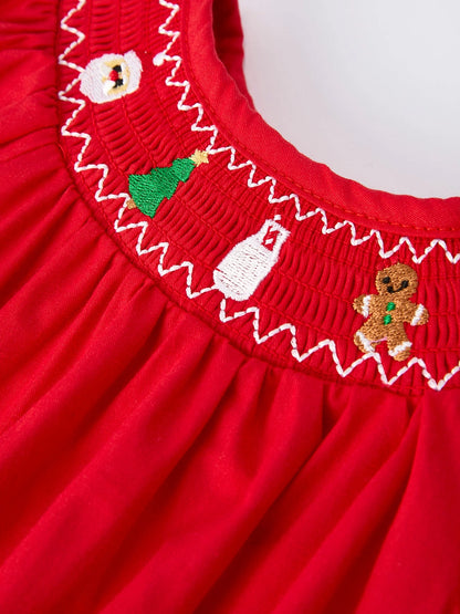 Christmas Gingerbread Embroidery Red Baby Girls Romper with Bow