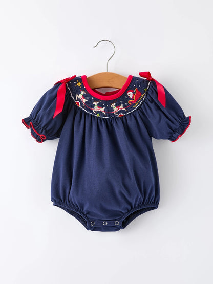 Christmas Baby Girls Bubble: Navy with Santa Sleigh