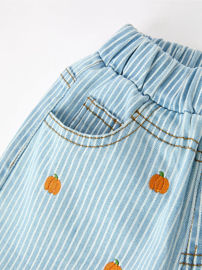 Pumpkin Embroidered Girls Flare Pants