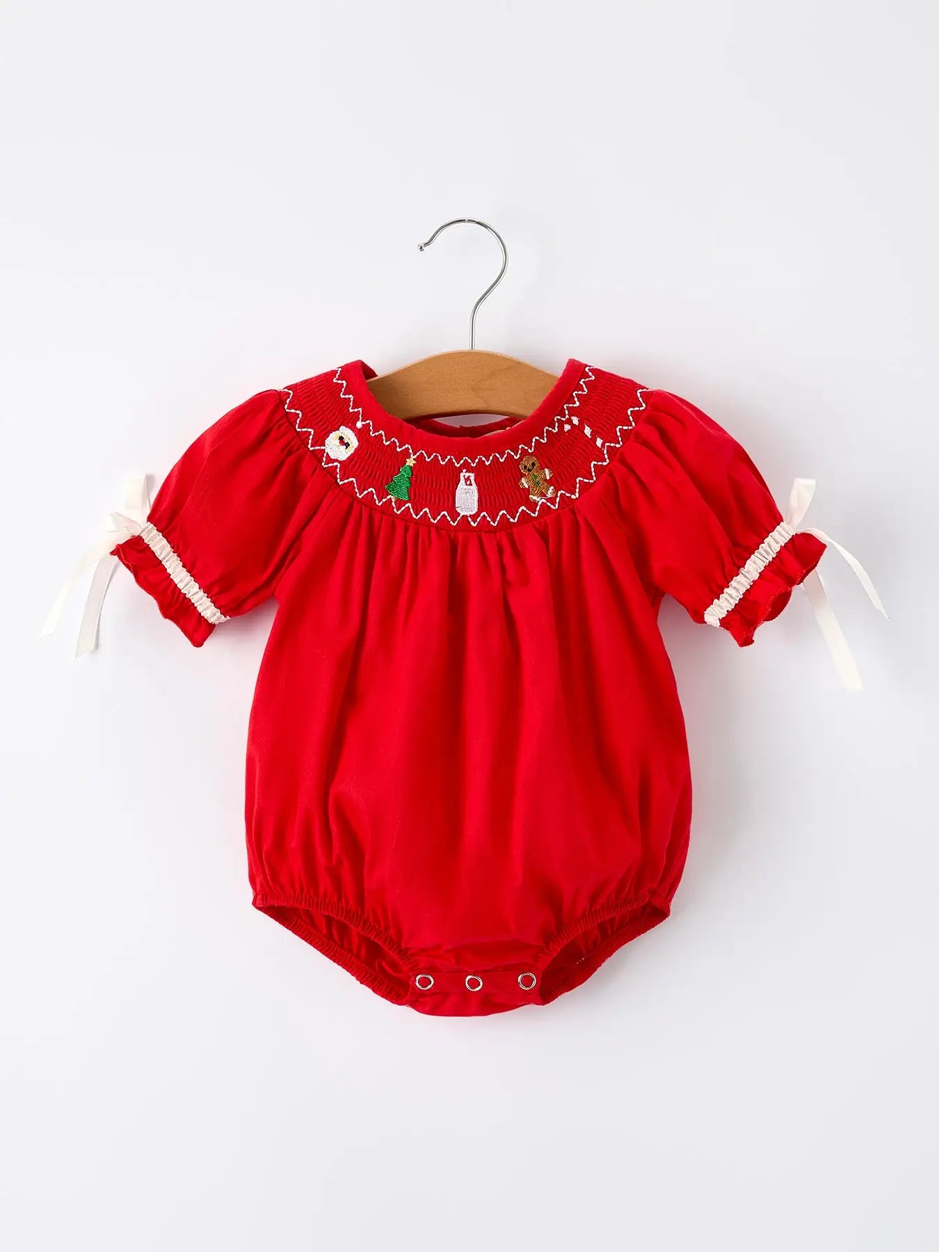 Christmas Gingerbread Embroidery Red Baby Girls Romper with Bow